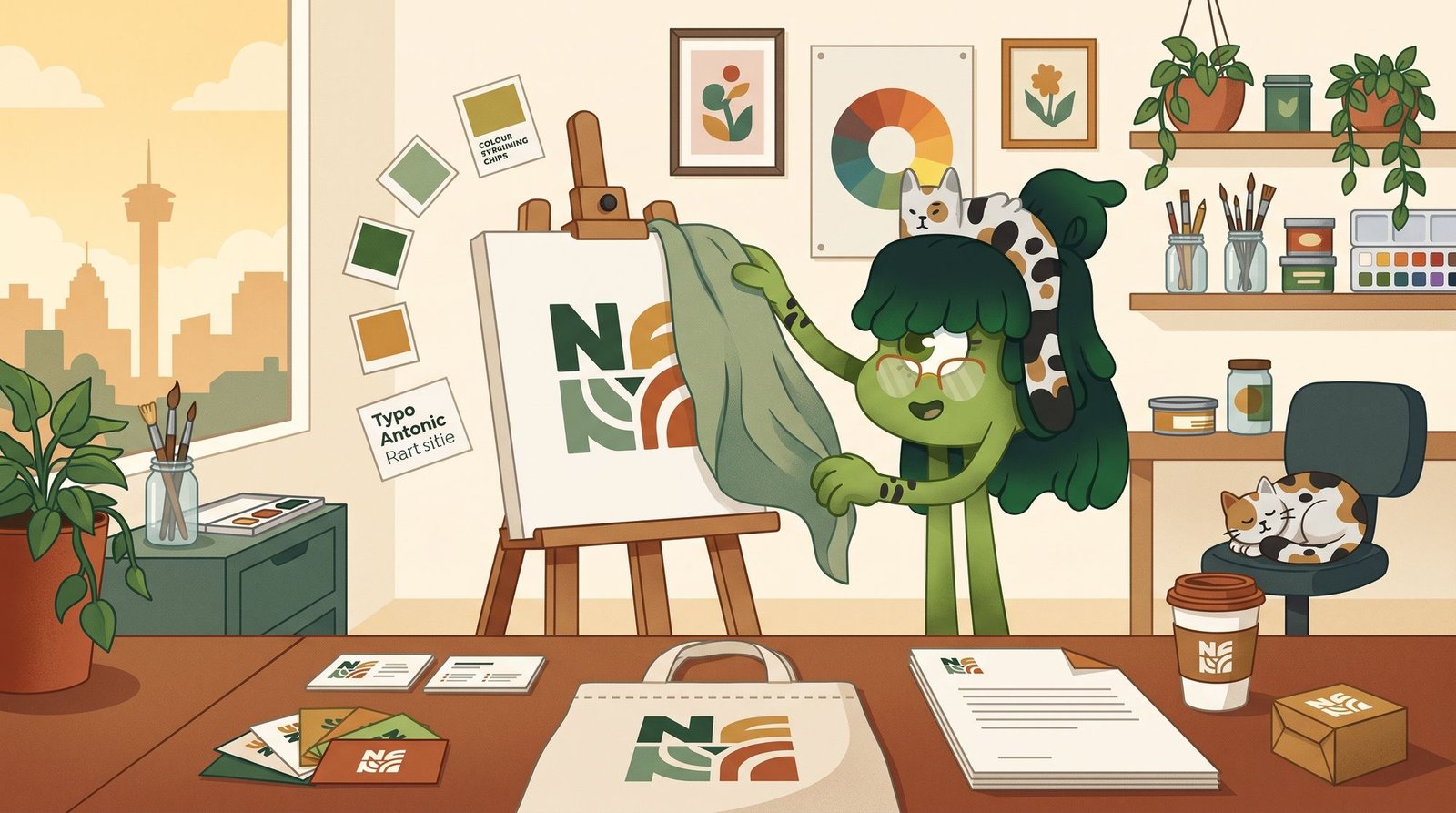 Nifty Studio monster unveiling a new brand identity on an easel in a San Antonio design studio