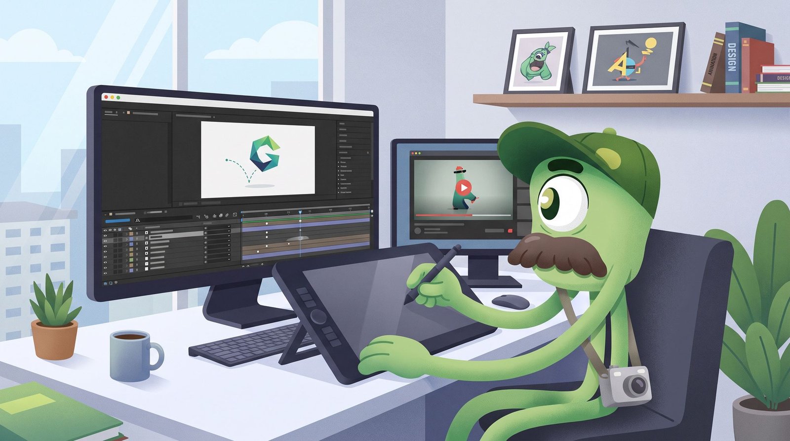 Nifty Studio monster animating a logo on a pen tablet with motion graphics software